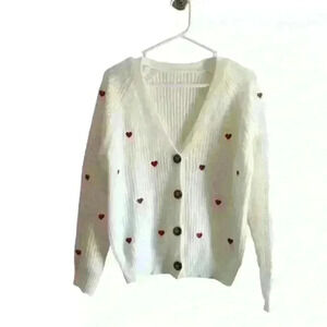 White Embroidered Red Heart Button Front Cardigan Size Small